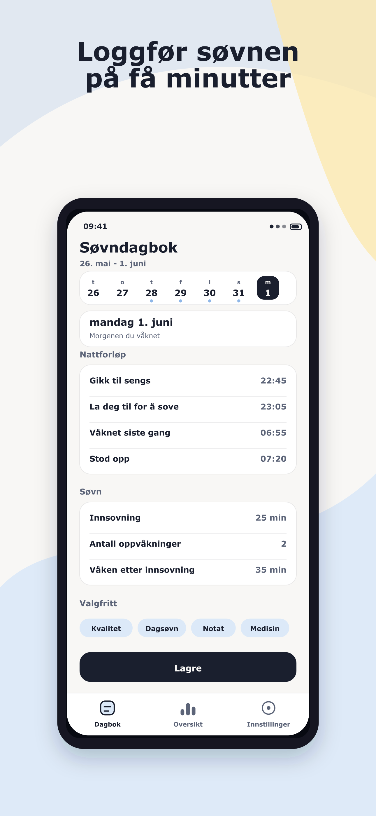 Søvndagbok-skjema for registrering av nattetider